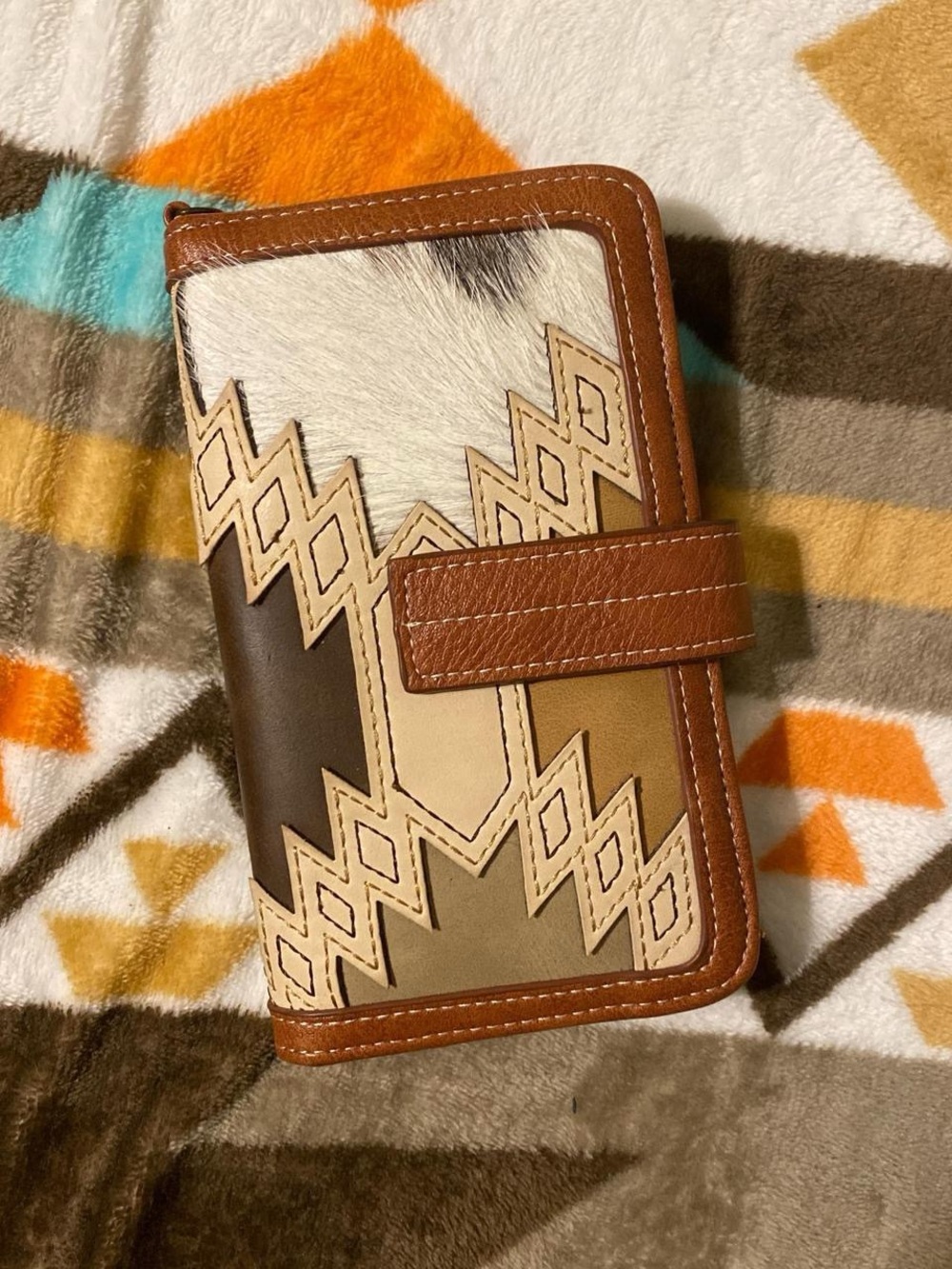 Leather Patchwork Continental Wallet in Brown & Cream
